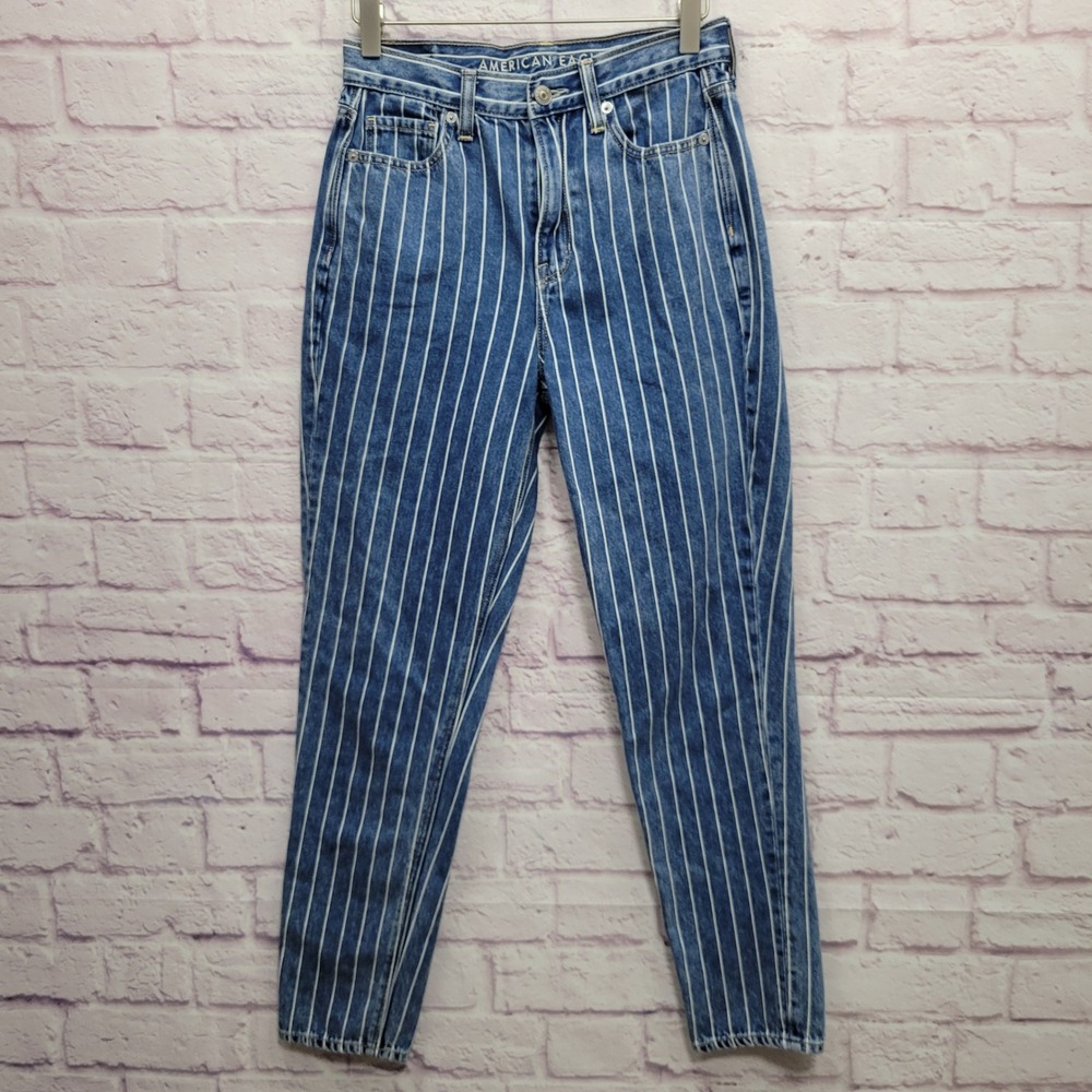 American‎ Eagle Pinstripe High Waisted Mom Jeans Sz 0 Denim Retro Streetwear